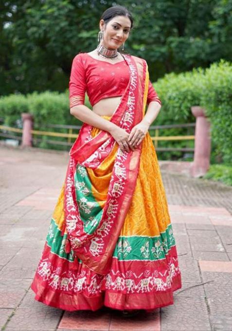 Multicolor Embroidered Silk Lehenga Set
