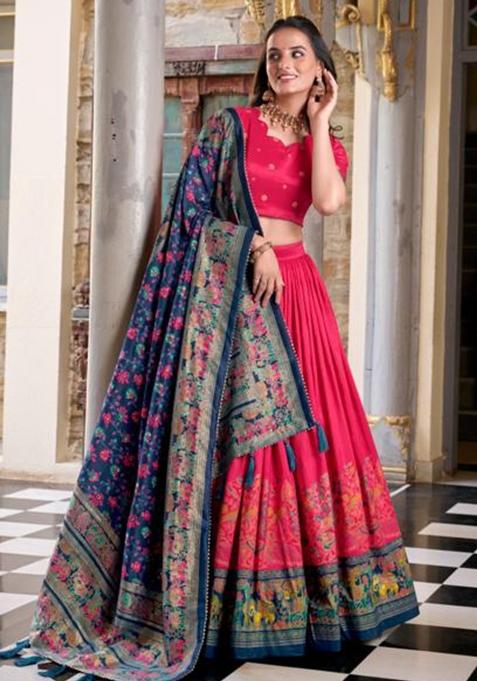 Multicolor Embroidered Silk Lehenga Set