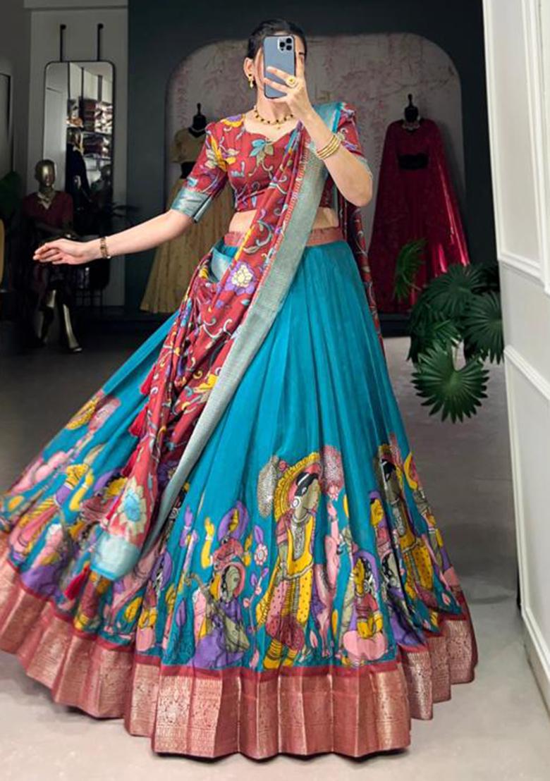 Multicolor Embroidered Silk Lehenga Set