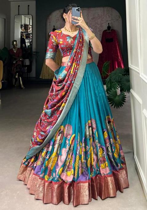 Multicolor Embroidered Silk Lehenga Set