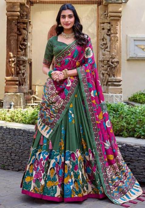 Multicolor Embroidered Silk Lehenga Set