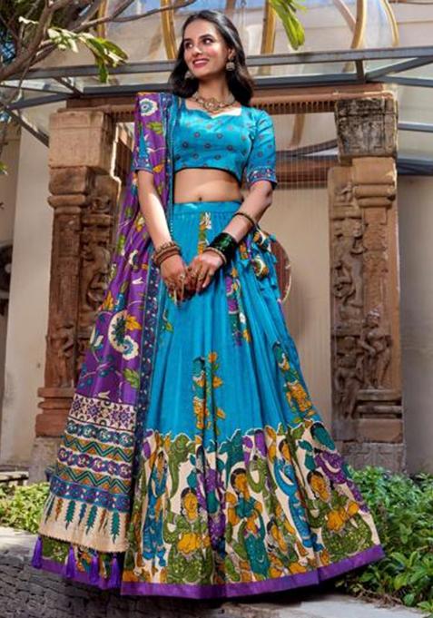 Multicolor Embroidered Silk Lehenga Set