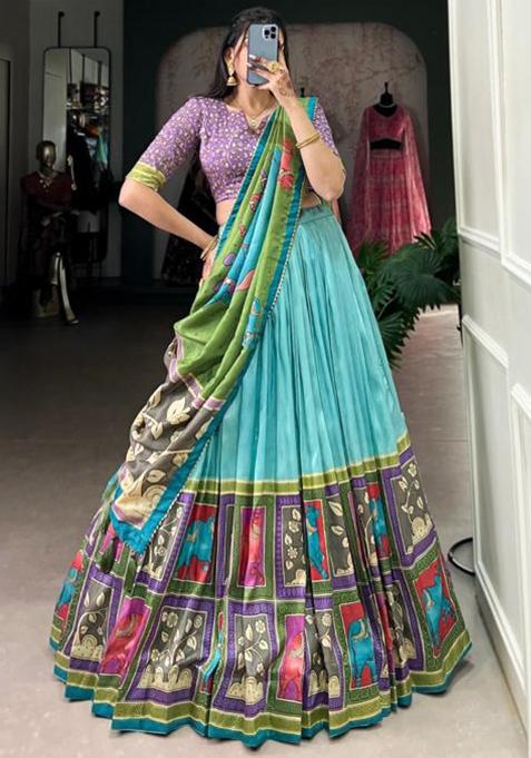 Multicolor Embroidered Silk Lehenga Set