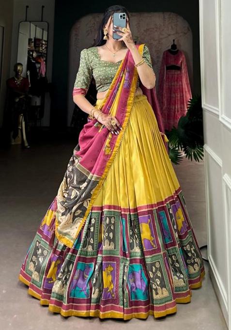 Multicolor Embroidered Silk Lehenga Set