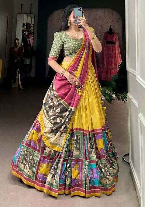 Multicolor Embroidered Silk Lehenga Set