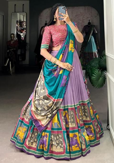 Multicolor Embroidered Silk Lehenga Set