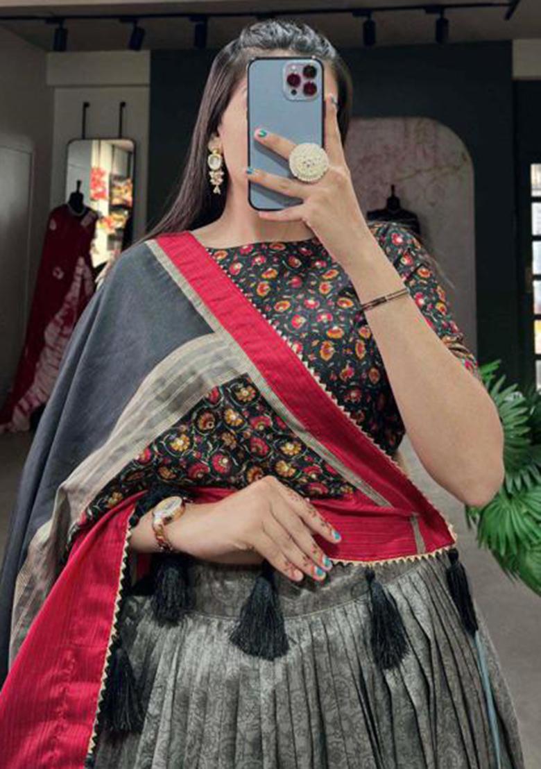 Multicolor Embroidered Silk Lehenga Set