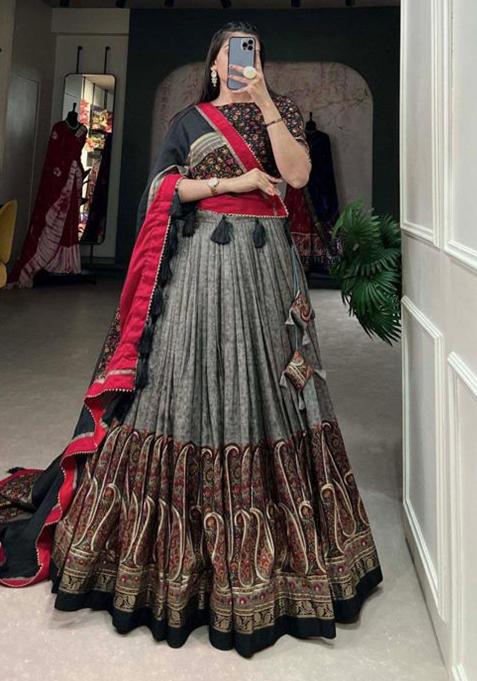 Multicolor Embroidered Silk Lehenga Set