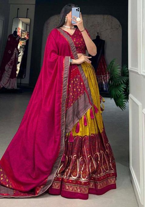 Multicolor Embroidered Silk Lehenga Set