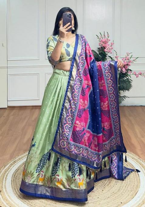 Multicolor Embroidered Silk Lehenga Set