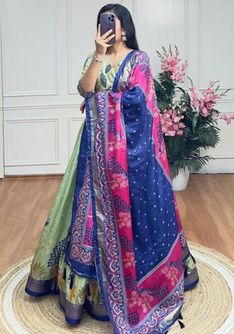 Multicolor Embroidered Silk Lehenga Set