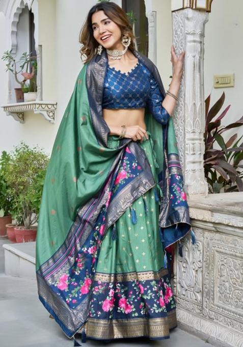 Multicolor Embroidered Silk Lehenga Set
