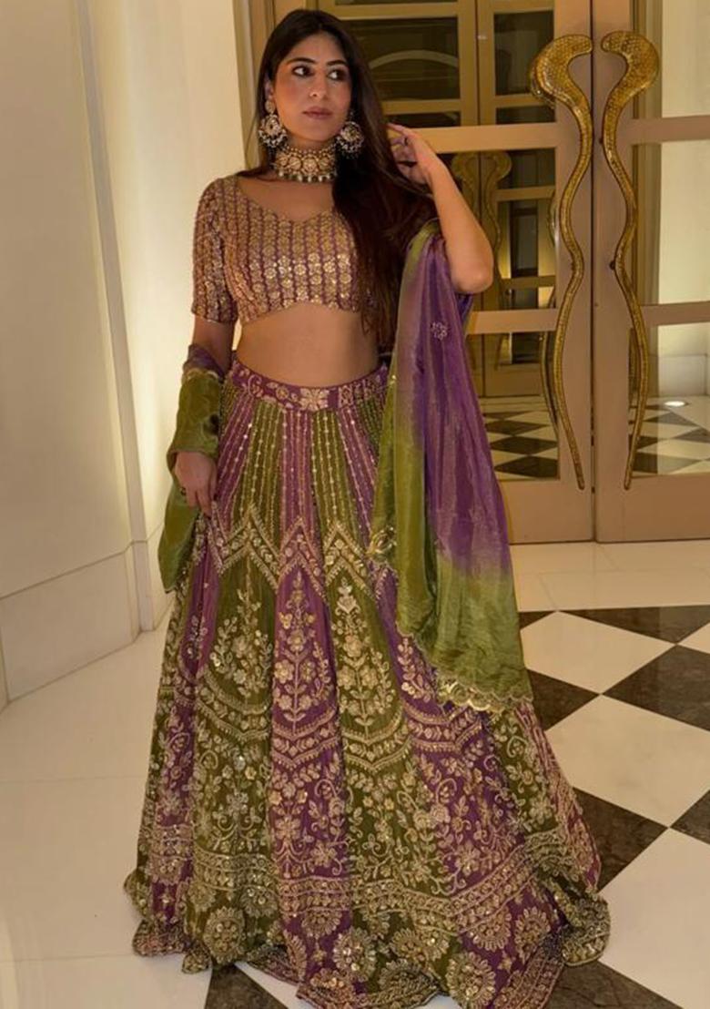 Teal Green Embroidered Silk Lehenga Set