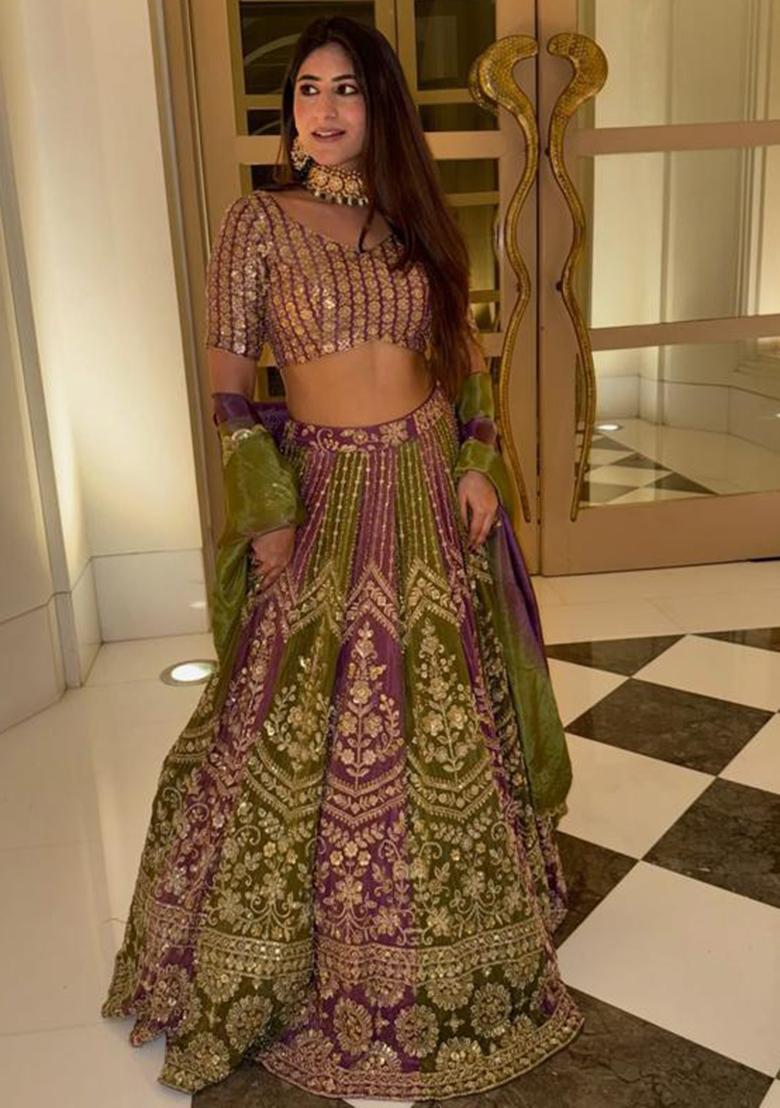 Teal Green Embroidered Silk Lehenga Set
