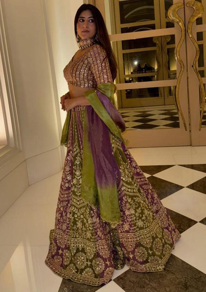 Teal Green Embroidered Silk Lehenga Set