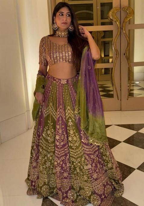 Teal Green Embroidered Silk Lehenga Set