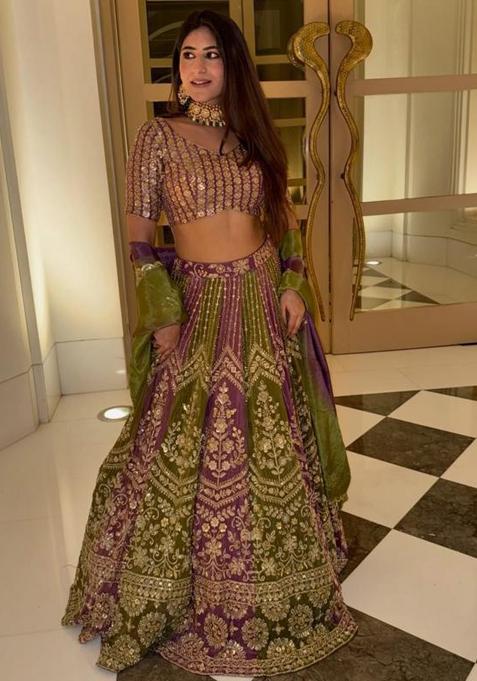 Teal Green Embroidered Silk Lehenga Set