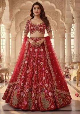Red Embroidered Silk Lehenga Set