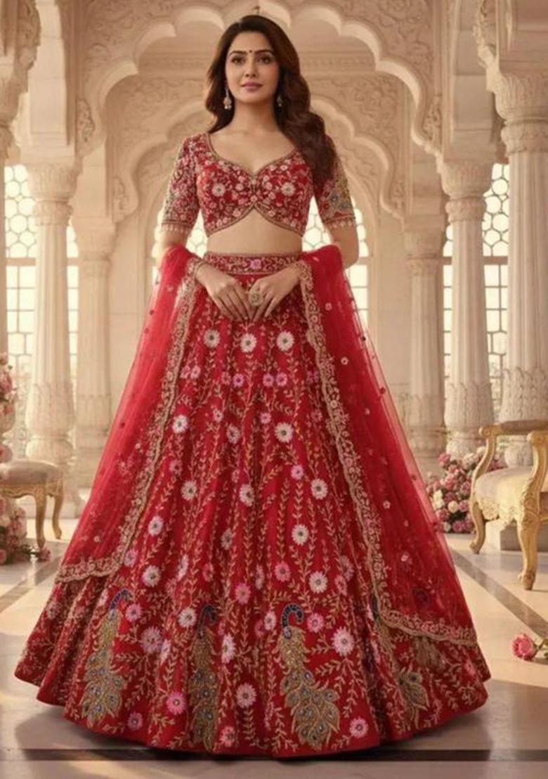 Red Embroidered Silk Lehenga Set