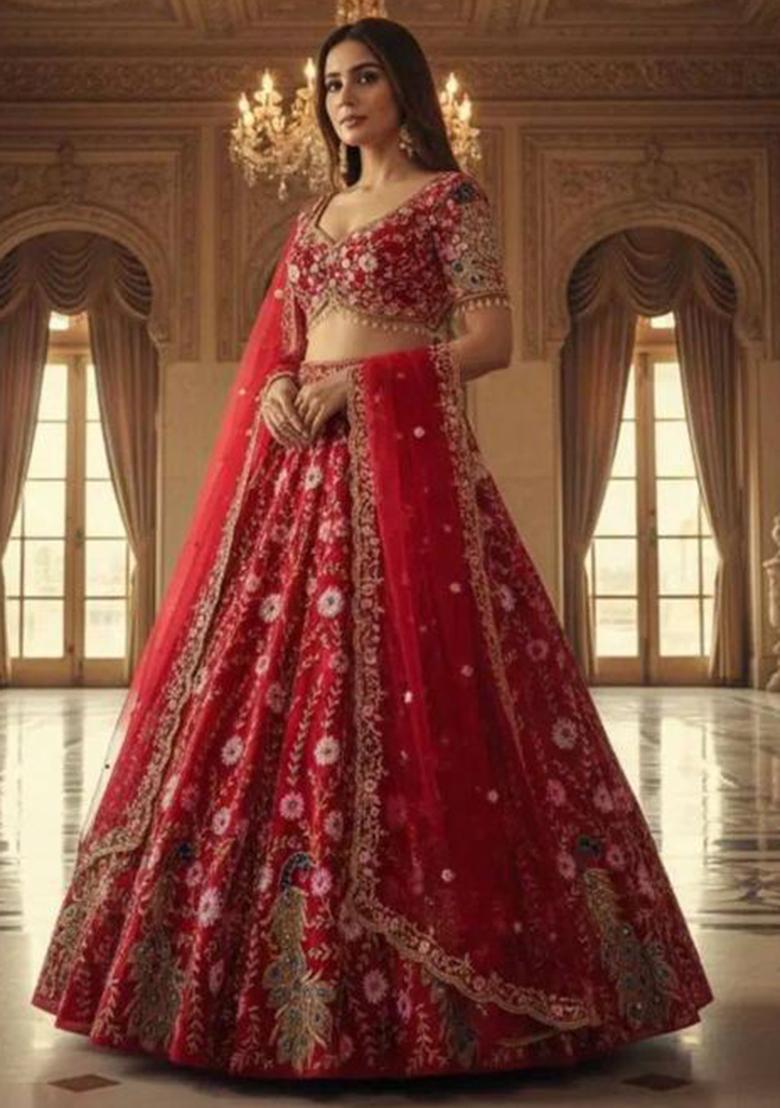 Red Embroidered Silk Lehenga Set