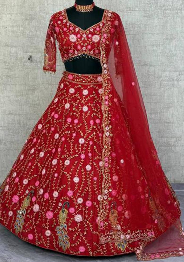 Red Embroidered Silk Lehenga Set