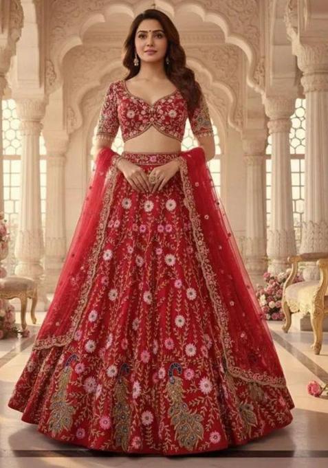 Red Embroidered Silk Lehenga Set