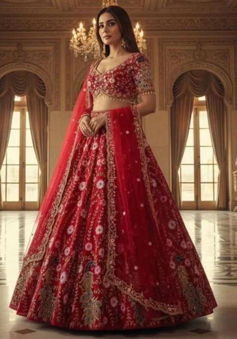 Red Embroidered Silk Lehenga Set
