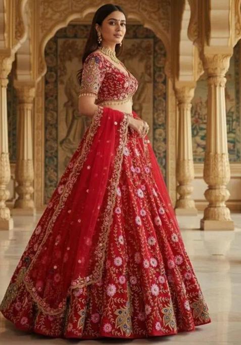 Red Embroidered Silk Lehenga Set