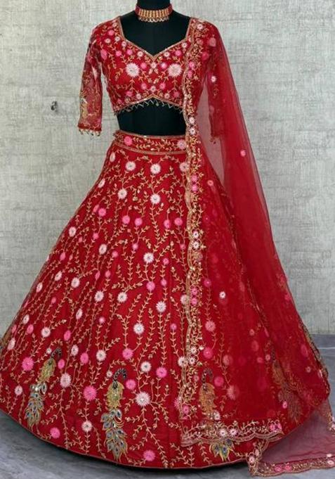 Red Embroidered Silk Lehenga Set