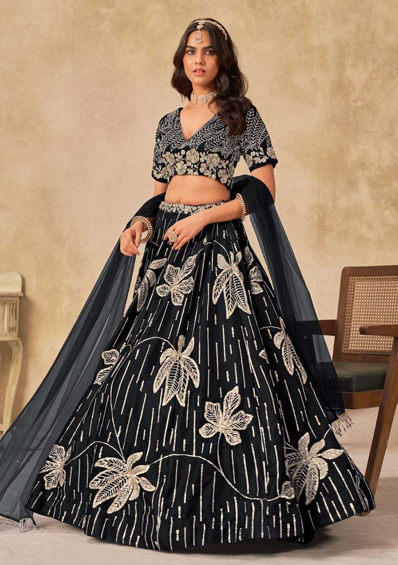 Black Silk Blend Lehenga Set with Embroidered for Diwali | Wedding & Festive Wear - Indya