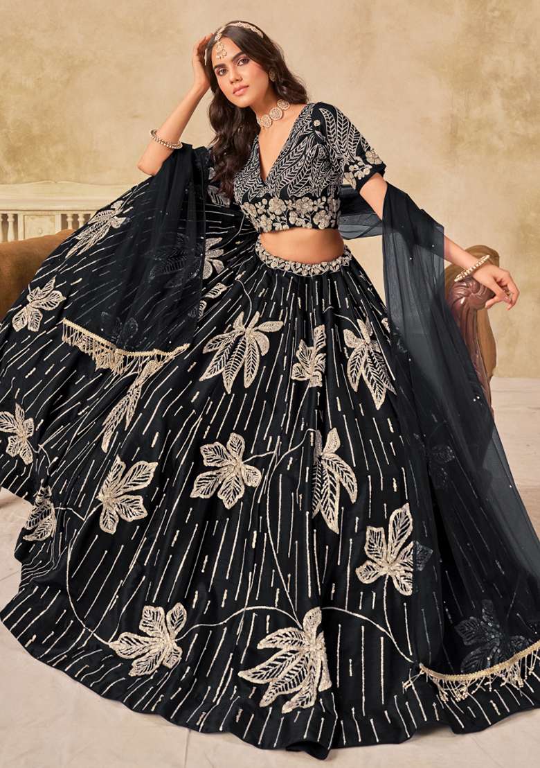 Black Silk Blend Lehenga Set with Embroidered for Diwali | Wedding & Festive Wear - Indya