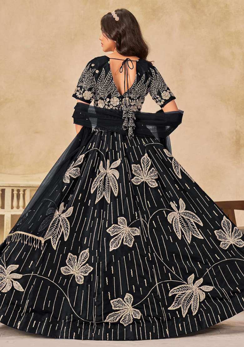 Black Silk Blend Lehenga Set with Embroidered for Diwali | Wedding & Festive Wear - Indya