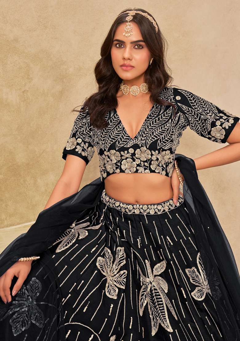 Black Silk Blend Lehenga Set with Embroidered for Diwali | Wedding & Festive Wear - Indya