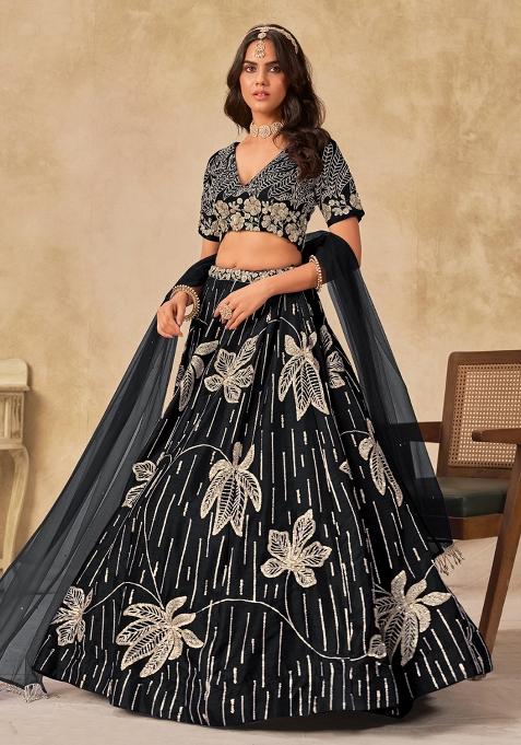 Black Embroidered Silk Lehenga Set