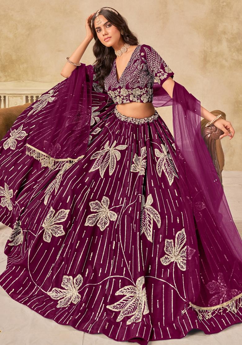 Maroon Embroidered Silk Lehenga Set