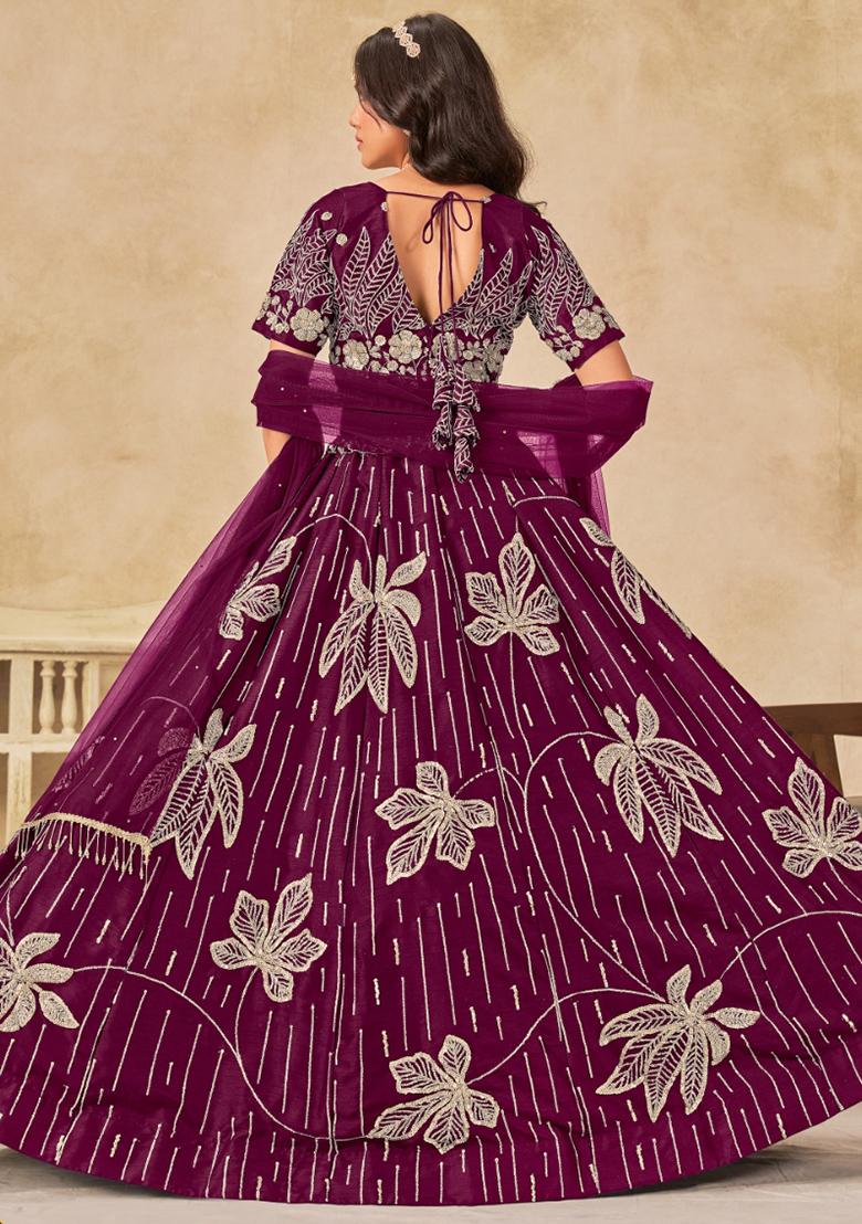Maroon Embroidered Silk Lehenga Set