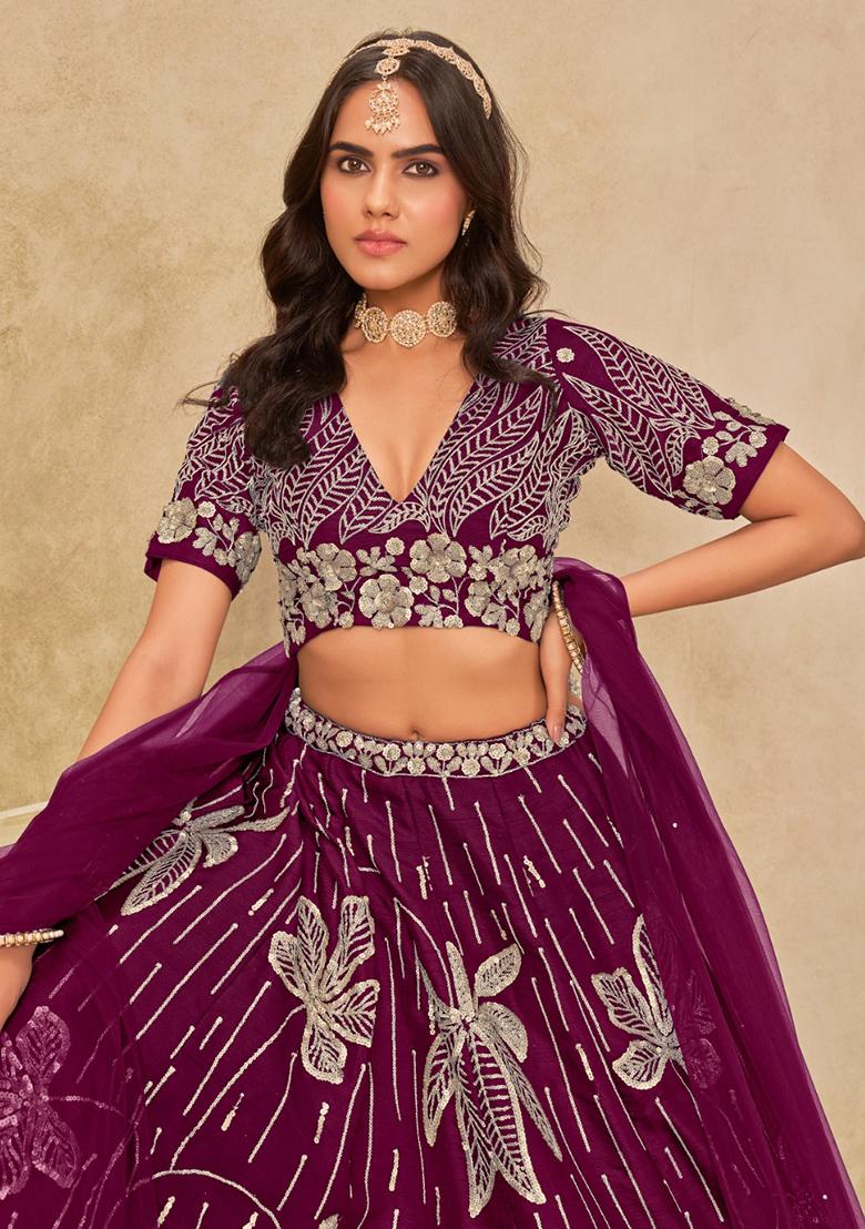 Maroon Embroidered Silk Lehenga Set