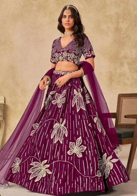 Maroon Embroidered Silk Lehenga Set