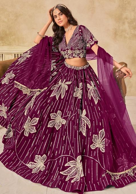 Maroon Embroidered Silk Lehenga Set