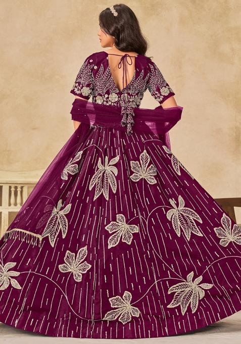 Maroon Embroidered Silk Lehenga Set