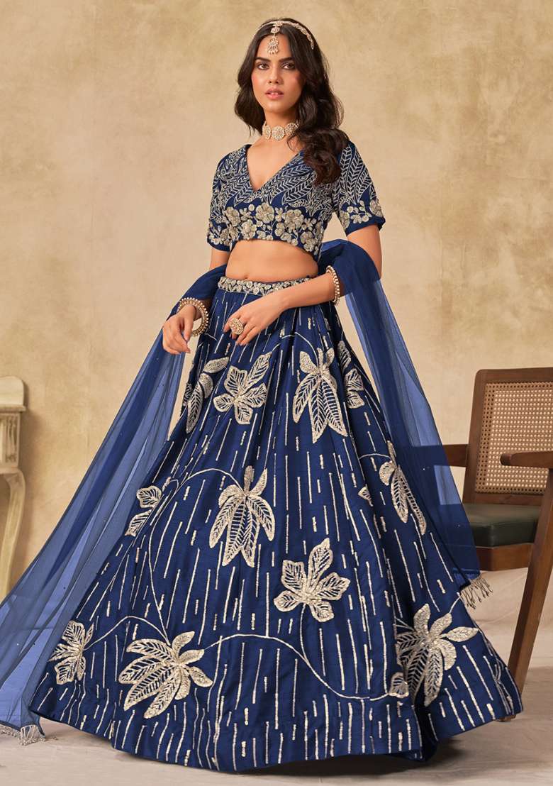 Navy Blue Embroidered Silk Blend Lehenga Set for Diwali and Festive Wear - Indya
