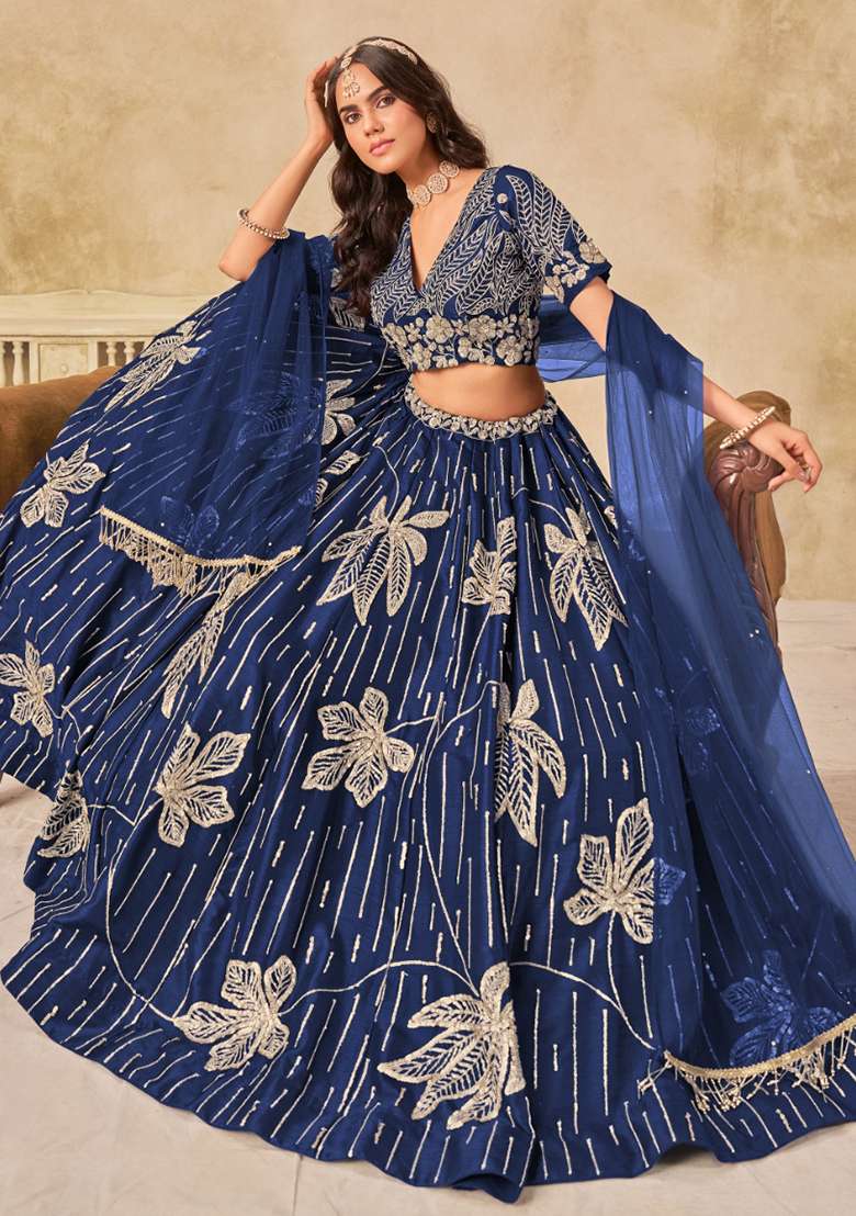 Navy Blue Embroidered Silk Blend Lehenga Set for Diwali and Festive Wear - Indya