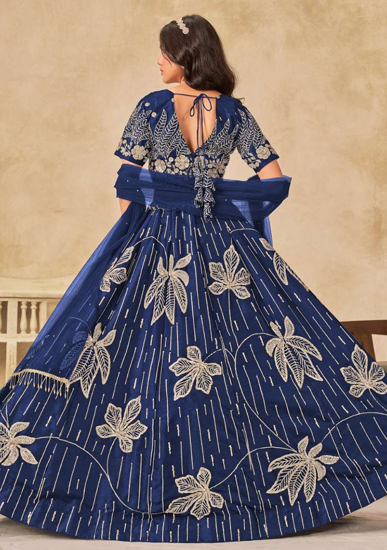Navy Blue Embroidered Silk Blend Lehenga Set for Diwali and Festive Wear - Indya
