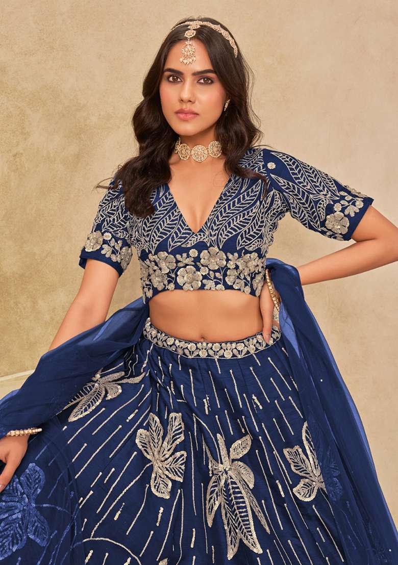 Navy Blue Embroidered Silk Blend Lehenga Set for Diwali and Festive Wear - Indya
