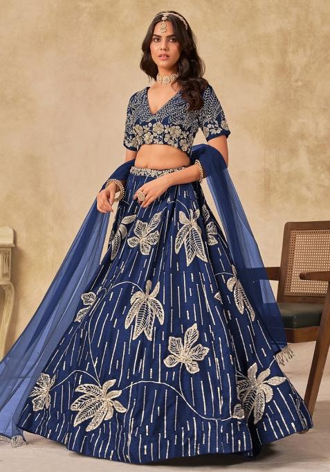 Navy Blue Embroidered Silk Lehenga Set