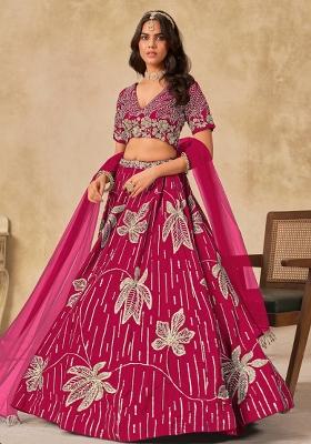 Dark Magenta Embroidered Silk Lehenga Set