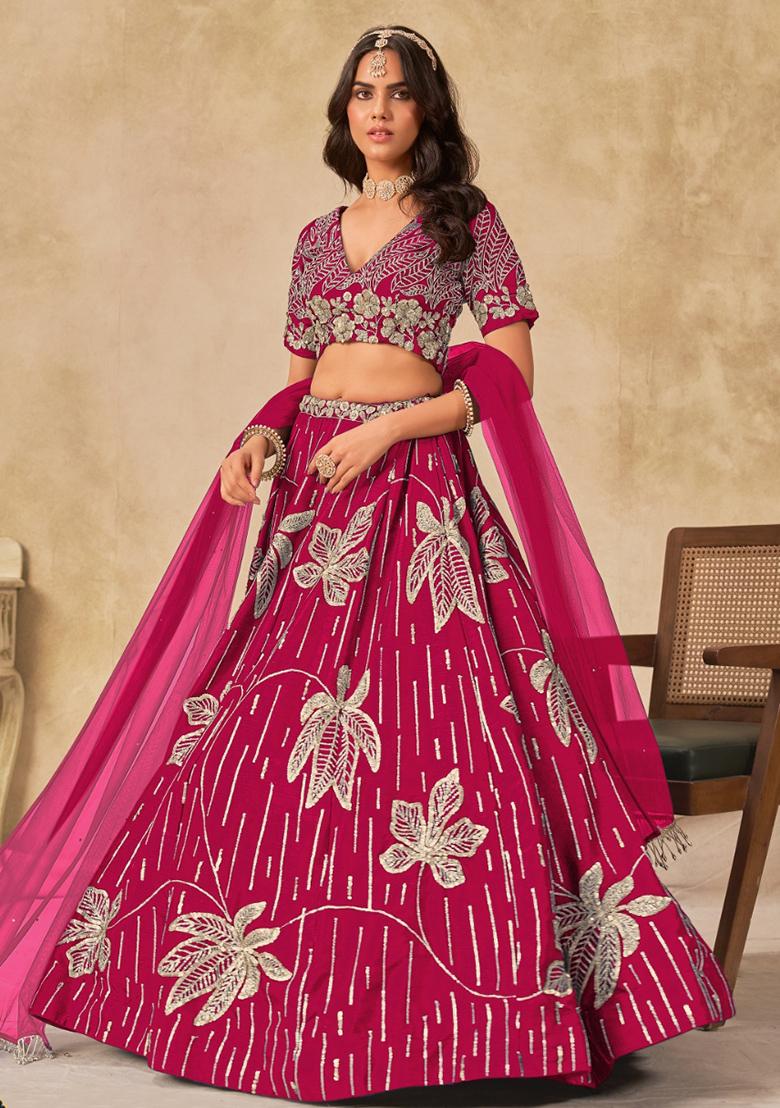 Dark Magenta Embroidered Silk Lehenga Set