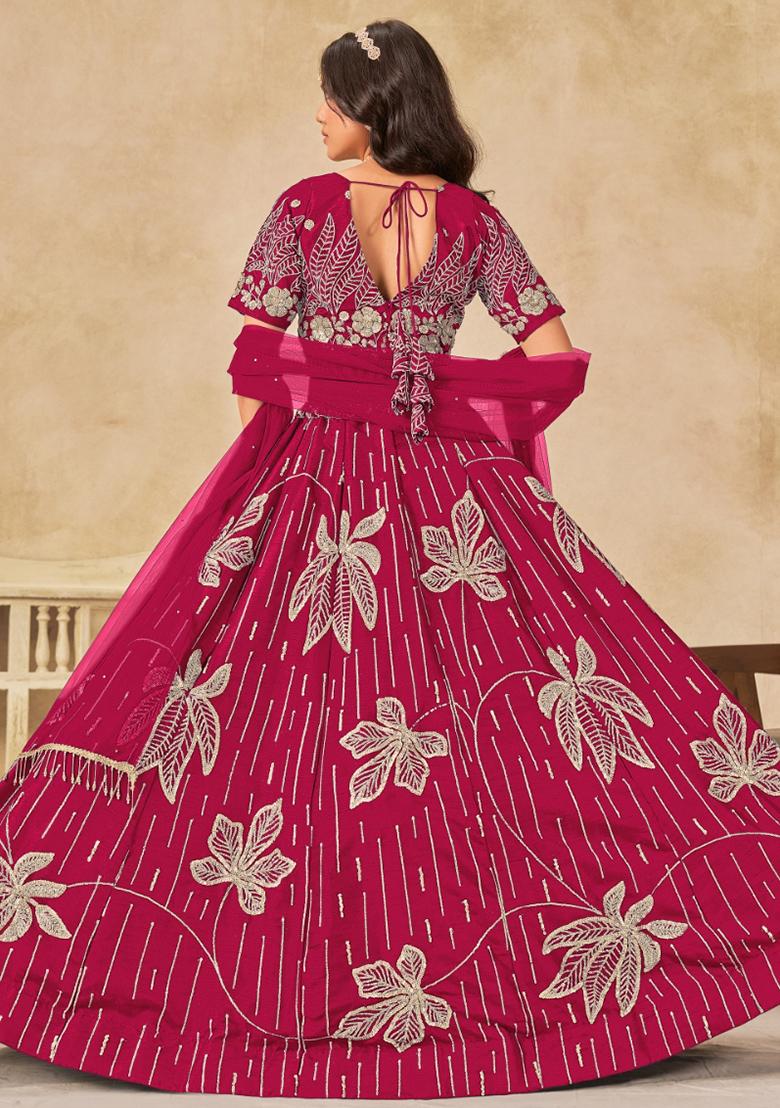 Dark Magenta Embroidered Silk Lehenga Set