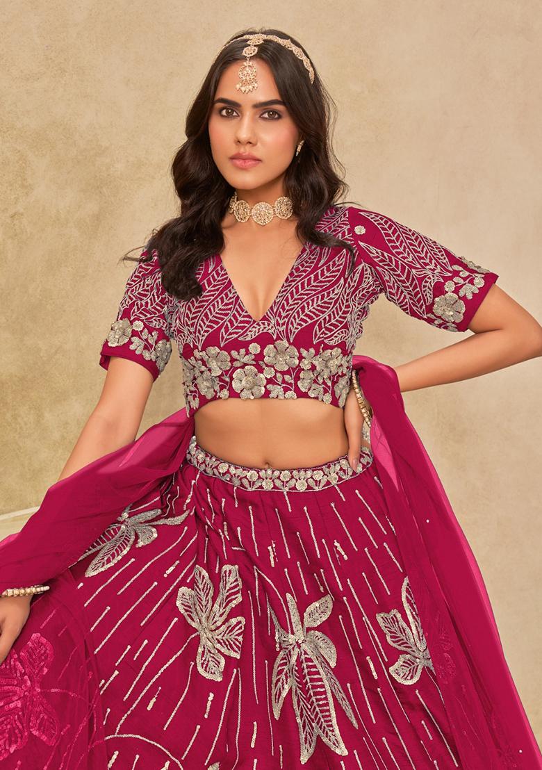Dark Magenta Embroidered Silk Lehenga Set