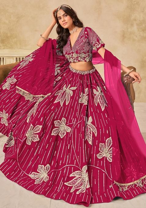Dark Magenta Embroidered Silk Lehenga Set